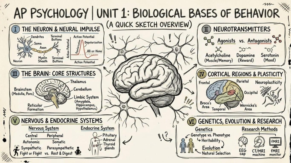 Unit 1: Biological Bases of Behavior cheat sheet, neurons, brain regions, and the nervous system
