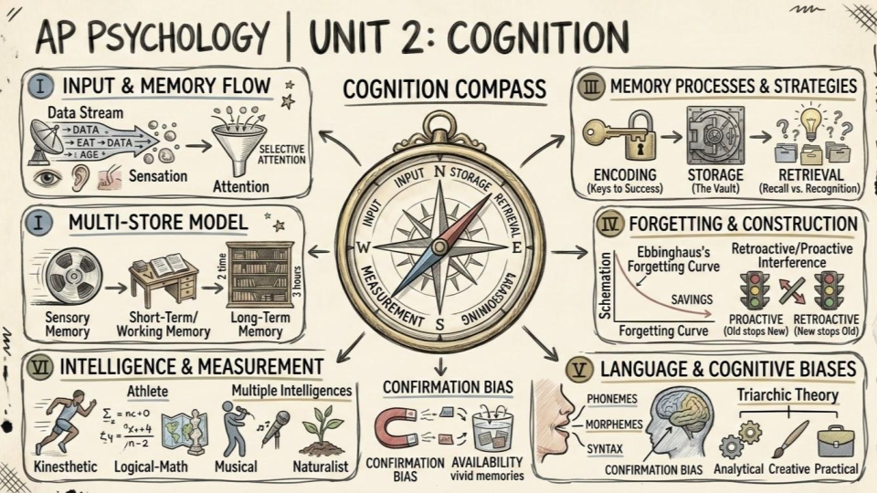Unit 2: Cognition cheat sheet, perception, memory models, and intelligence