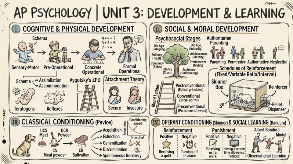 Unit 3: Development and Learning cheat sheet, Piaget, Erikson, Pavlov, Skinner