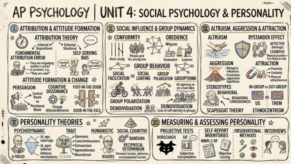 Unit 4: Social Psychology and Personality cheat sheet, Big Five, attribution, conformity