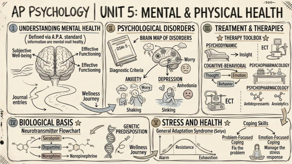 Unit 5: Mental and Physical Health cheat sheet, DSM-5, anxiety, depression, therapies