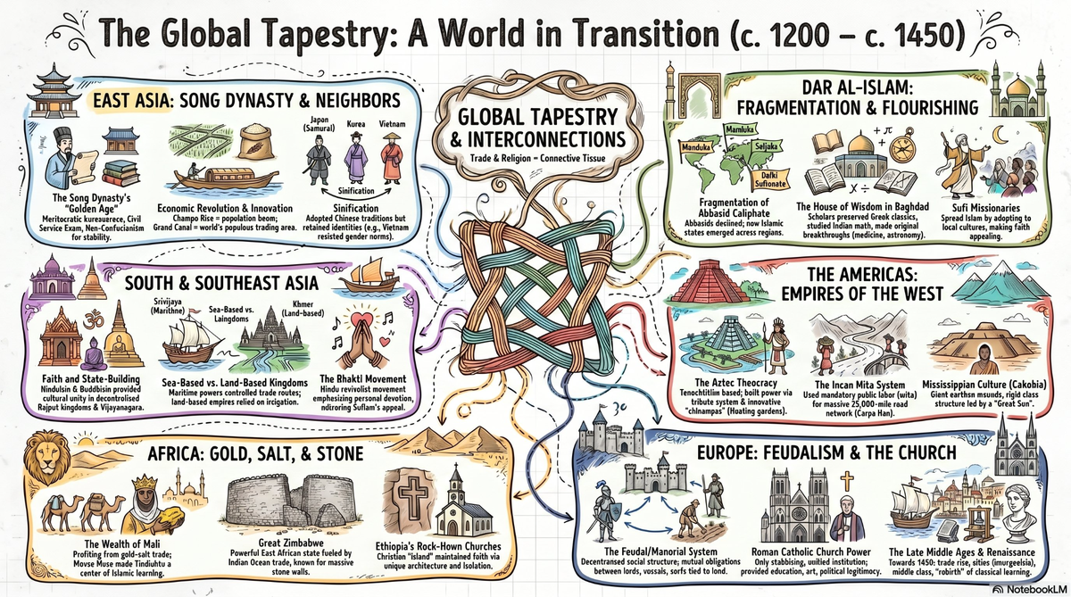 Unit 1: The Global Tapestry infographic — major civilizations 1200–1450