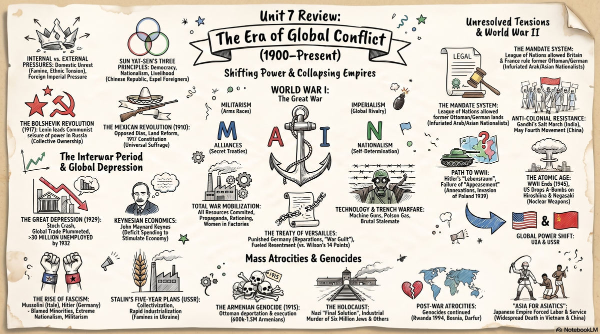 Global Conflict infographic — WWI, WWII, genocide
